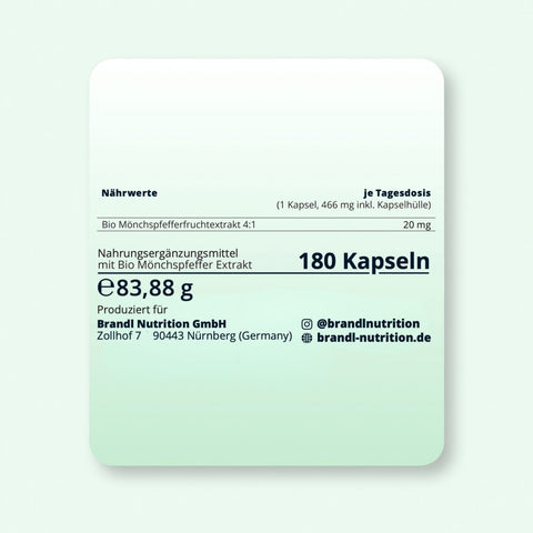 Eine minimalistische mintgrüne rechteckige etikette für brandl nutrition bio mönchspfeffer extrakt mit 180 kapseln und schwarzer schrift