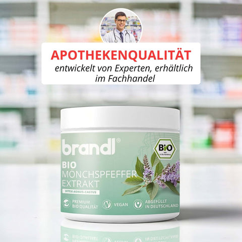 Brandl bio mönchspfeffer extrakt in einem weißen glas mit grünem etikett und lila blumen und blättern