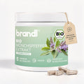 Brandl bio mönchspfeffer extrakt in weißem glas mit minzgrünem etikett und lila blumen vegan premium bioqualität hergestellt in deutschland