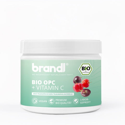 Brandl bio opc plus vitamin c kapseln in einem weißen glas mit mintgrünem etikett und beerenmotiven