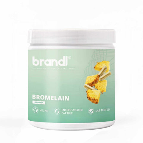 Weißer plastikbehälter mit mintgrünem label brandl bromelain kapseln 6000 fip bromelain enterisch beschichtet