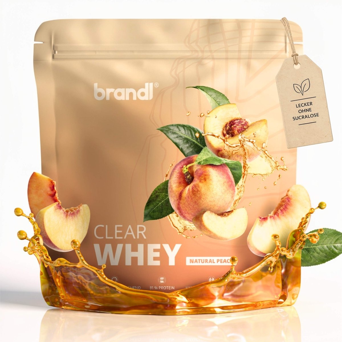 Brandi clear whey natürliches pfirsicharoma in glänzendem beigem beutel mit pfirsichmotiven und goldenen flüssigkeitsspritzern