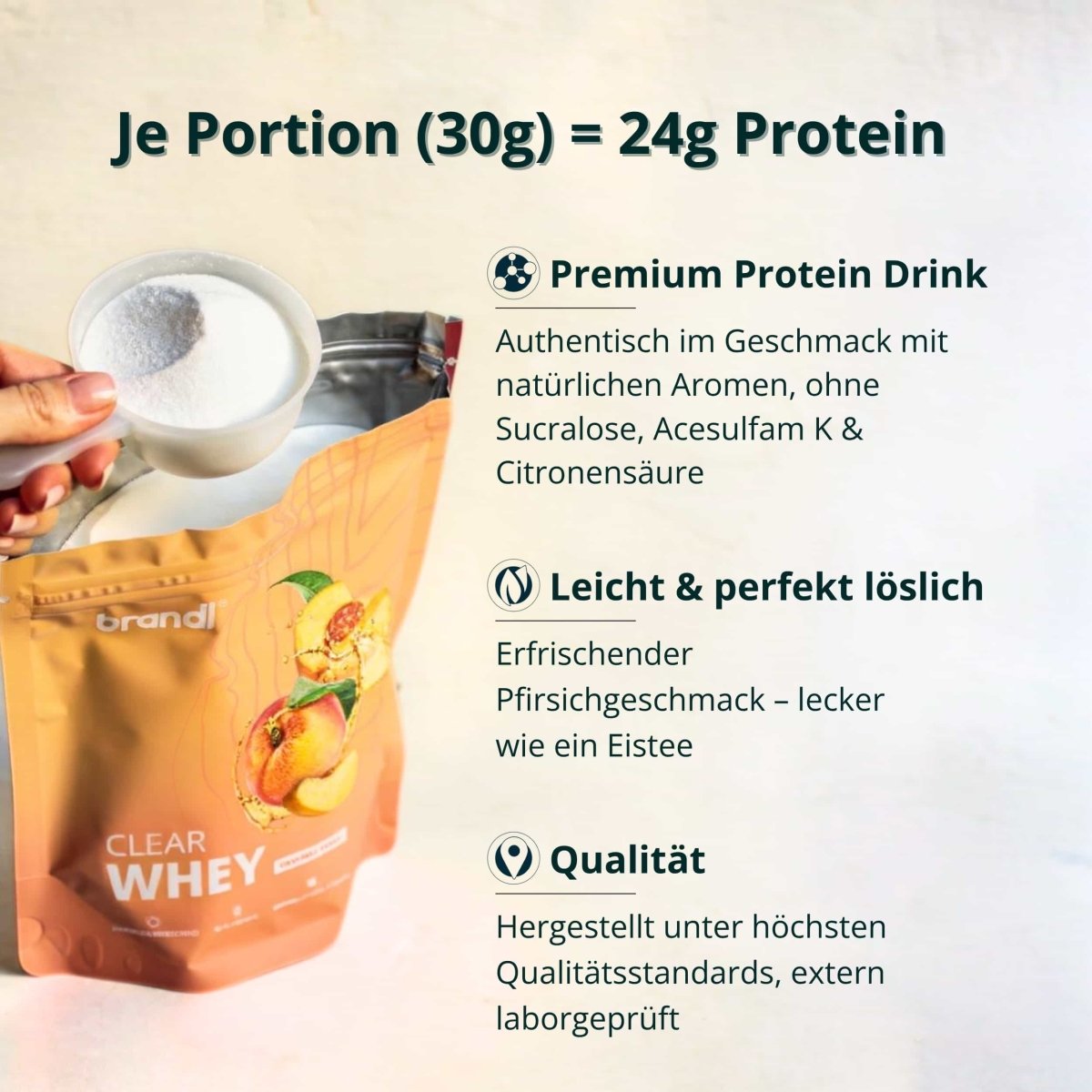 Orange pouch von brandl clear whey protein pulver mit pfirsichgeschmack illustration in clear whey produkt