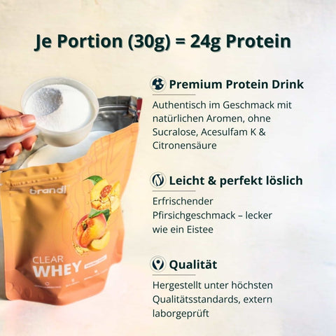 Orange pouch von brandl clear whey protein pulver mit pfirsichgeschmack illustration in clear whey produkt