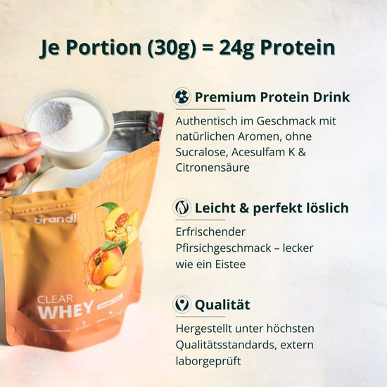 Orange pouch von brandl clear whey protein pulver mit pfirsichgeschmack illustration in clear whey produkt