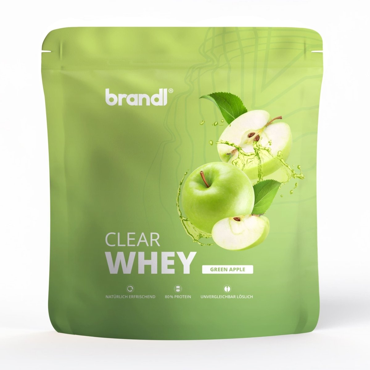 Green apple klar whey proteinpulver in wiederverschließbarer beutel von brandl für schnelles eiweißsupplement