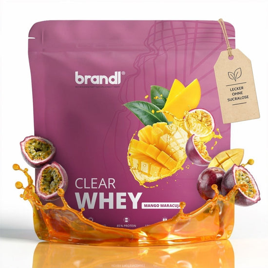 Purple pouch of Brandi Clear Whey in mango maracuja flavor with vibrant fruit imagery and hanging tag