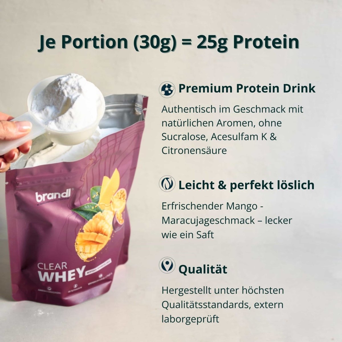 Purple pouch of Brandl clear whey protein powder mango maracuja flavor with scoop filled with white powder