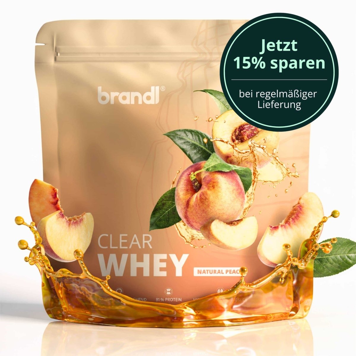 Brandi clear whey in natürlichem pfirsichgeschmack in glänzendem goldbeutel mit lebendigen pfirsichbildern und flüssigkeitsspritzdesign