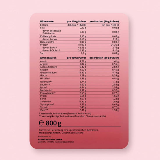 Rosa rechteckiges nahrungswertetikett der marke brandl nutrition gmbh auf der rückseite des clear whey proteinpulvers