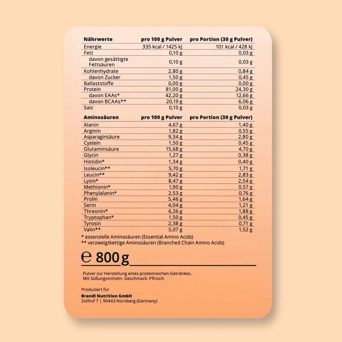Weißer rechteckiger ernährungslabel auf der rückseite von clear whey proteinpulver zeigt makronährstoff- und aminoacidgehalt für 30g portion