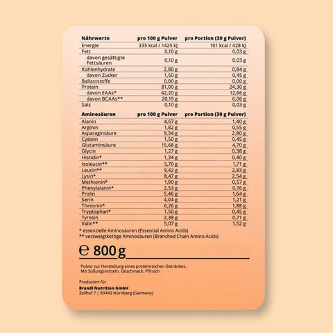 Weißer rechteckiger ernährungslabel auf der rückseite von clear whey proteinpulver zeigt makronährstoff- und aminoacidgehalt für 30g portion