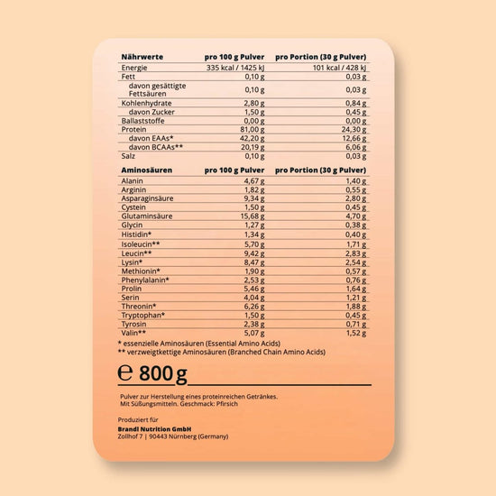Weißer rechteckiger ernährungslabel auf der rückseite von clear whey proteinpulver zeigt makronährstoff- und aminoacidgehalt für 30g portion