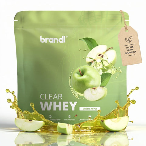 Grüner apfel klarer whey proteinpulver im wiederverschließbaren beutel mit braunem etikett für clear whey