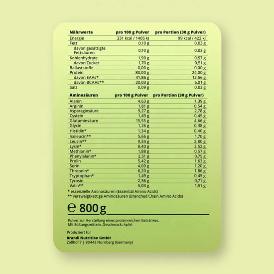 Grünes rechteckiges nutrition label auf der rückseite des clear whey proteinpulvers mit wichtigen nährwertangaben