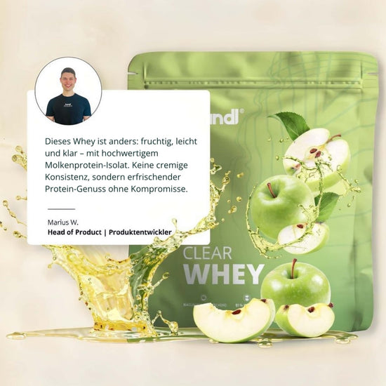 Grüner apfel klarer whey proteinpulverbeutel mit glänzendem spritzendes design für clear whey product