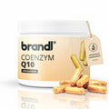 Brandl coenzym q10 ubiquinon kapseln in weißem glas mit beige etikett und goldenen kapseln umgeben