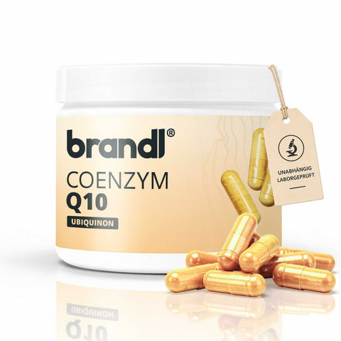Brandl coenzym q10 ubiquinon kapseln in weißem glas mit beige etikett und goldenen kapseln umgeben