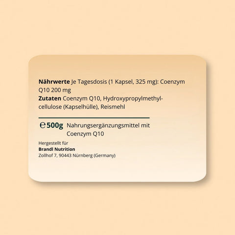 Beige rechteckiges etikett mit abgerundeten ecken und deutscher text für coenzym q10 kapseln produkt