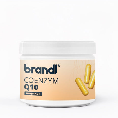 Brandl coenzym q10 kapseln mit weißem kunststoffbehälter und beigem etikett mit gelben kapseln