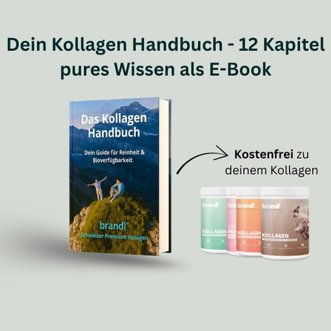 Das kollagen-handbuch e-book cover zeigt zwei personen auf grasbewachsenem klippenrand vor berglandschaft swiss premium collagen von brand