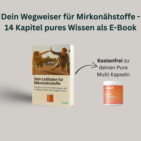 Orange-weiße zylindrische kapselverpackung mit reinen multi-kapseln von brandl für dein leitfaden für mikronährstoffe ebook