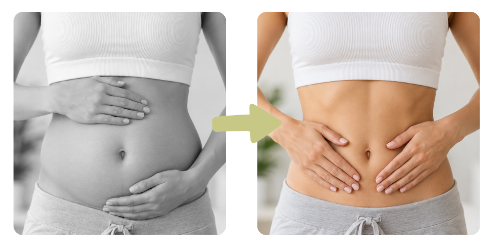 Vorher und Nachher Darmgesundheit: Blähbauch im Vergleich zu ruhigem, ausgeglichenem Darm