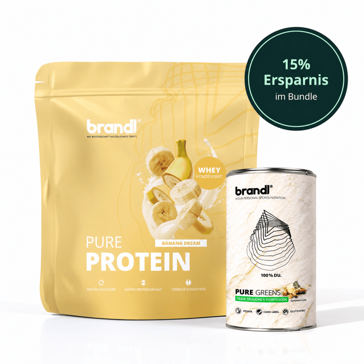 Gelbe banana dream pure protein pouch neben weißer can brandi pure greens supplement im healthy sport bundle