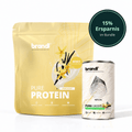 Gelber beutel brandl pure protein vanilla sky whey konzentrat neben weißem dosierdosen brandl pure greens superfood pulver im healthy sport bundle