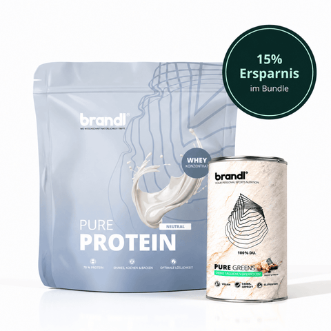 Brandl gesunde sport bundle mit reinem protein whey konzentrat in hellblauer verpackung und veganem greens pulver in beigefarbenem behälter