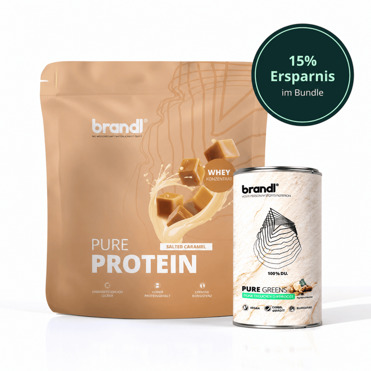 Healthy sport bundle mit brandl pure protein salted caramel whey concentrate in braunem beutel und pure greens pulver im weißen behälter