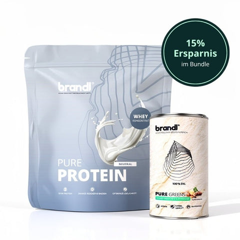 Healthy sport bundle mit brandl pure protein whey concentrate in silberner verpackung und brandl pure greens in beige Dose