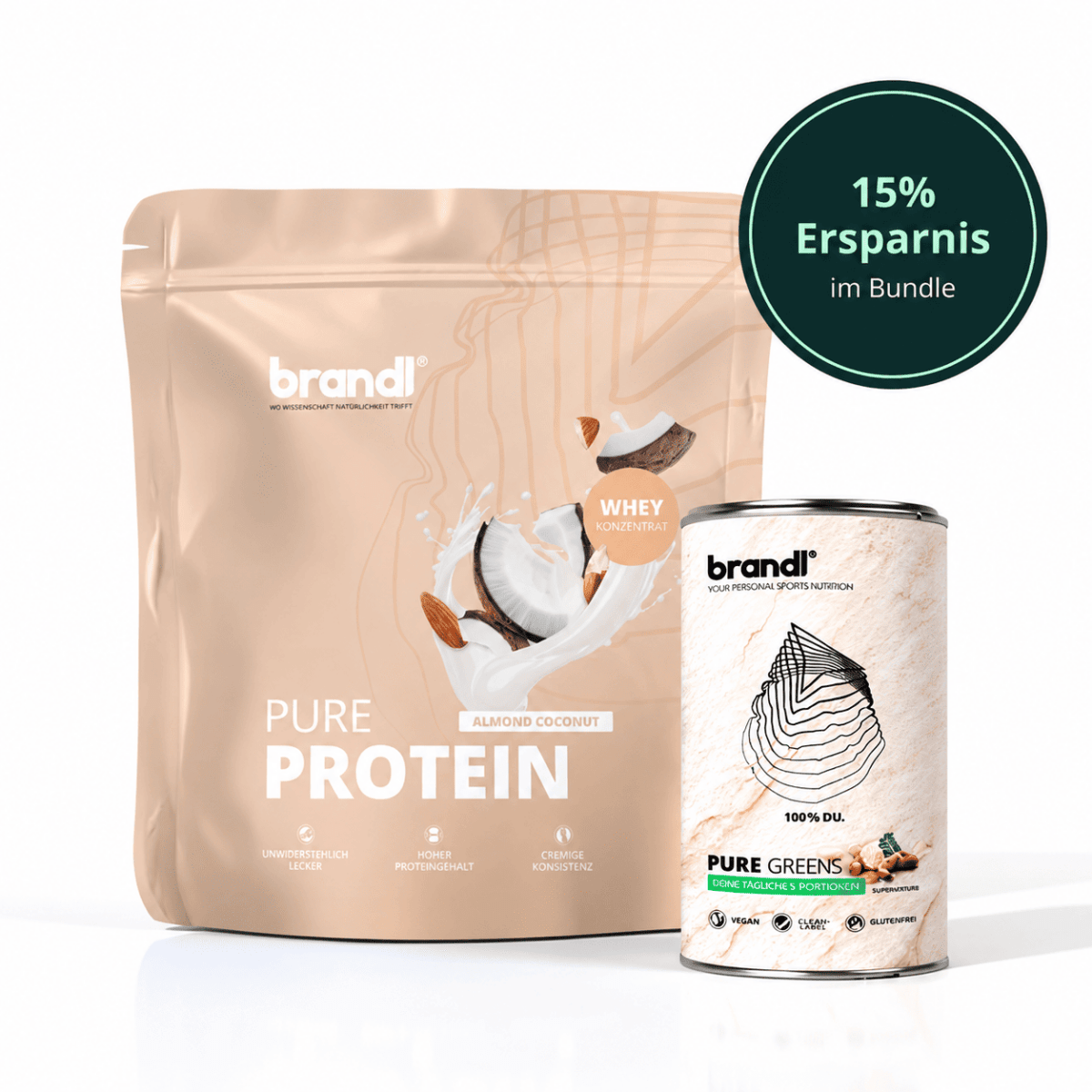 Healthy sport bundle mit brandi pure protein mandel kokos whey konzentrat im beigen pouch und passender marmor dose brandi pure greens