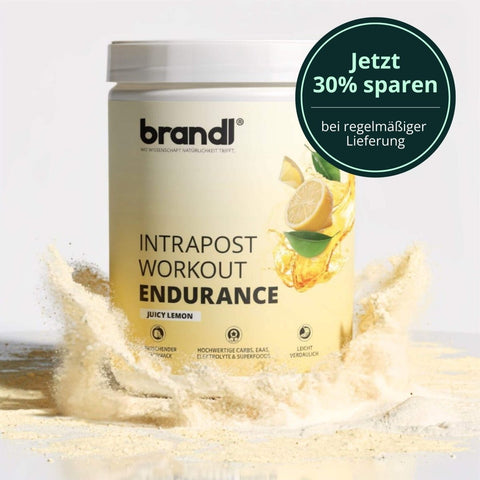 Brandi intrapost endurance pulver in cremigem gelb mit zitronengeschmack und weißem deckel zur leistungssteigerung