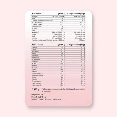 Nährwerte und Aminosäurenprofil von Kollagen Beauty+ Pulver mit hohem Proteingehalt und Vitamin C