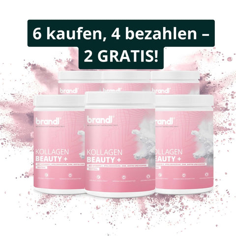 Pink zylindrische behälter mit kollagen beauty plus pulver von brandi kollagen mit weißen deckeln und splash-design