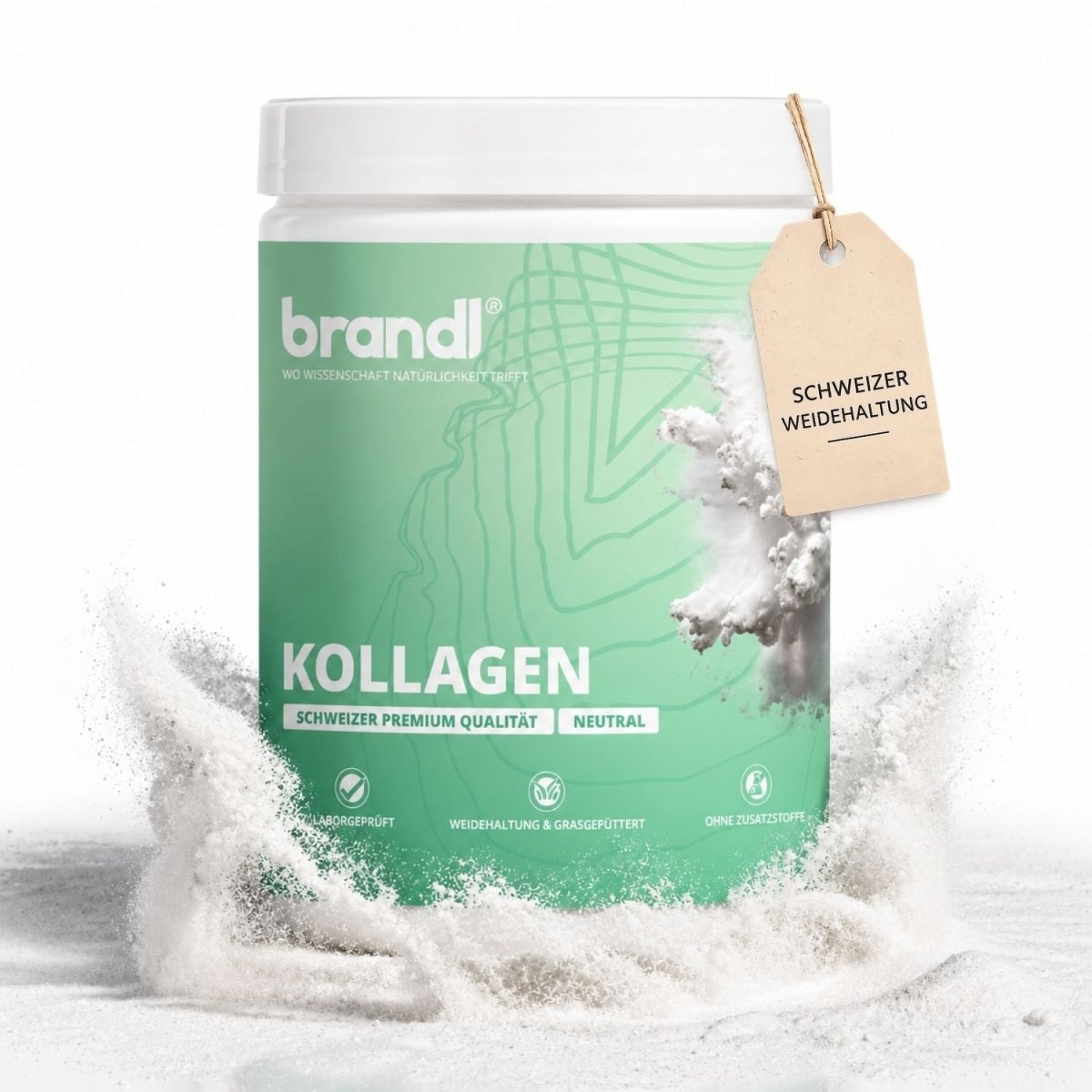 Grüner und weißer container von brandl kollagen pulver mit beigefarbenem schweizer weidehaltung tag am deckel