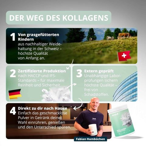 Kollagen Herstellung aus grasgefütterten Rindern in der Schweiz, zertifizierte Produktion und unabhängige Laborprüfung