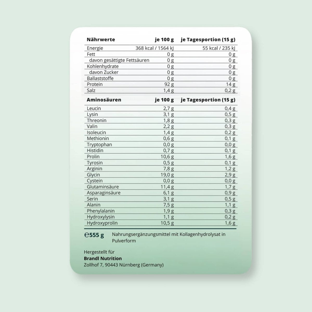 Weißer rechteckiger rückseiten-ernährungsaufkleber mit deutschen details zu kollagen pulver angebot2 hydrolysat