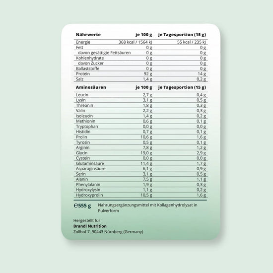 Weißer rechteckiger rückseiten-ernährungsaufkleber mit deutschen details zu kollagen pulver angebot2 hydrolysat