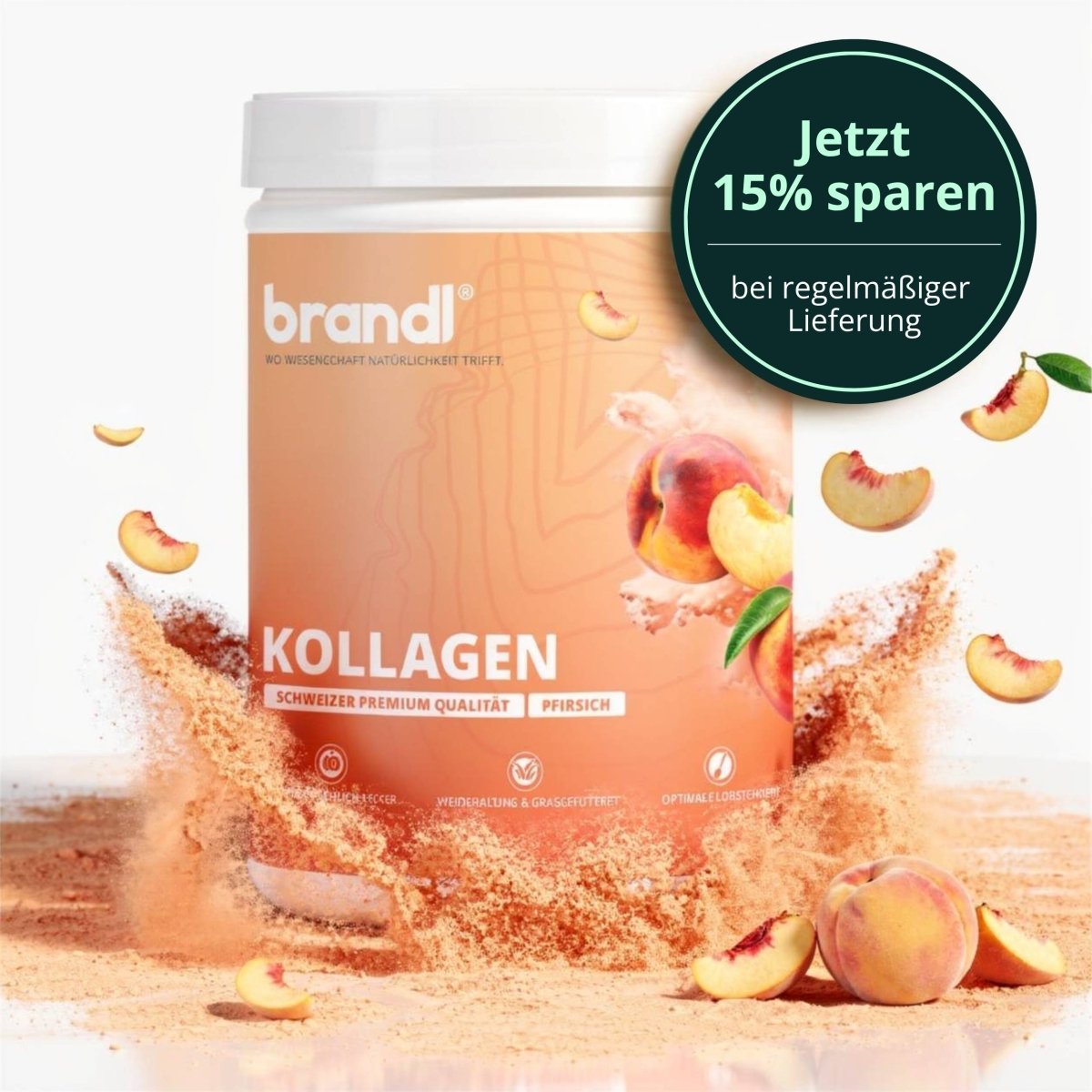 Kollagen pulver von Brandl in weißem behälter mit orangefarbenem etikett und pfirsichgeschmack