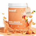 Brandl kollagen pulver pfirsichgeschmack in weißem behälter mit orangefarbenem etikett