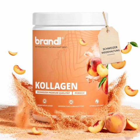 Brandl kollagen pulver pfirsichgeschmack in weißem behälter mit orangefarbenem etikett