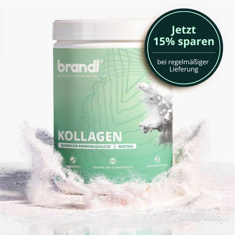 Brandi kollagen pulver in einer hellgrünen zylindrischen dose mit weißem deckel und feinem topografischem design