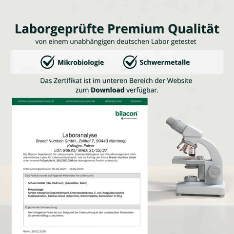 Laborgeprüftes Kollagen Pulver mit Test auf Schwermetalle und Mikrobiologie, zertifizierte Qualität aus Deutschland