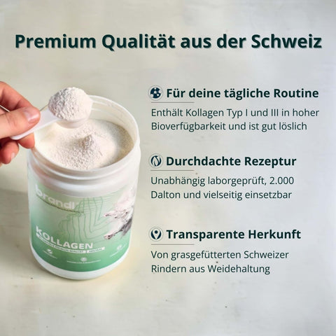 Kollagen Pulver mit Messlöffel in Dose, Premium Qualität aus der Schweiz, gut löslich für tägliche Routine und hohe Bioverfügbarkeit