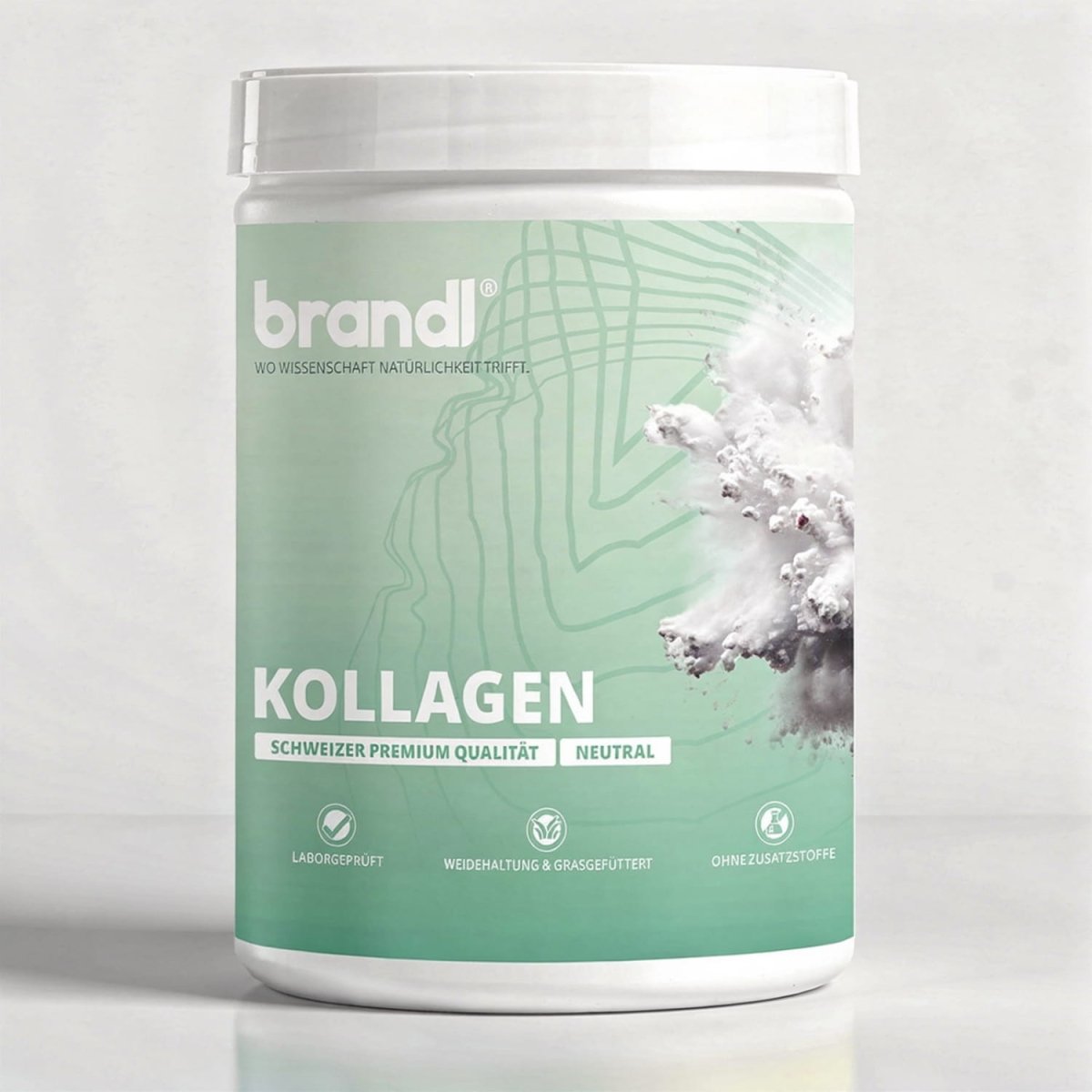 Ein weißer zylinderförmiger behälter mit mintgrünem etiket brandl kollagen pulver swiss premiumqualität angebot