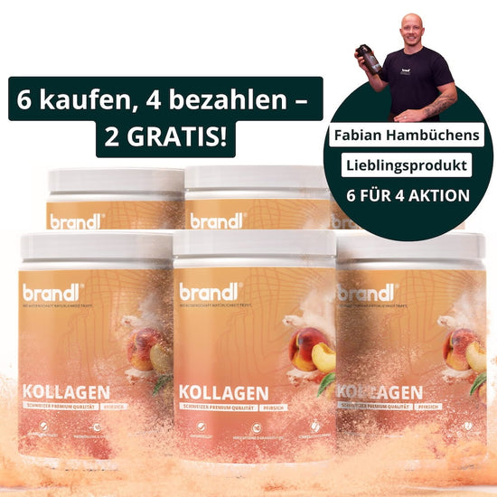 Brandl kollagen pulver peach flavor in orange tubs with white lids featuring fruit imagery for premium use