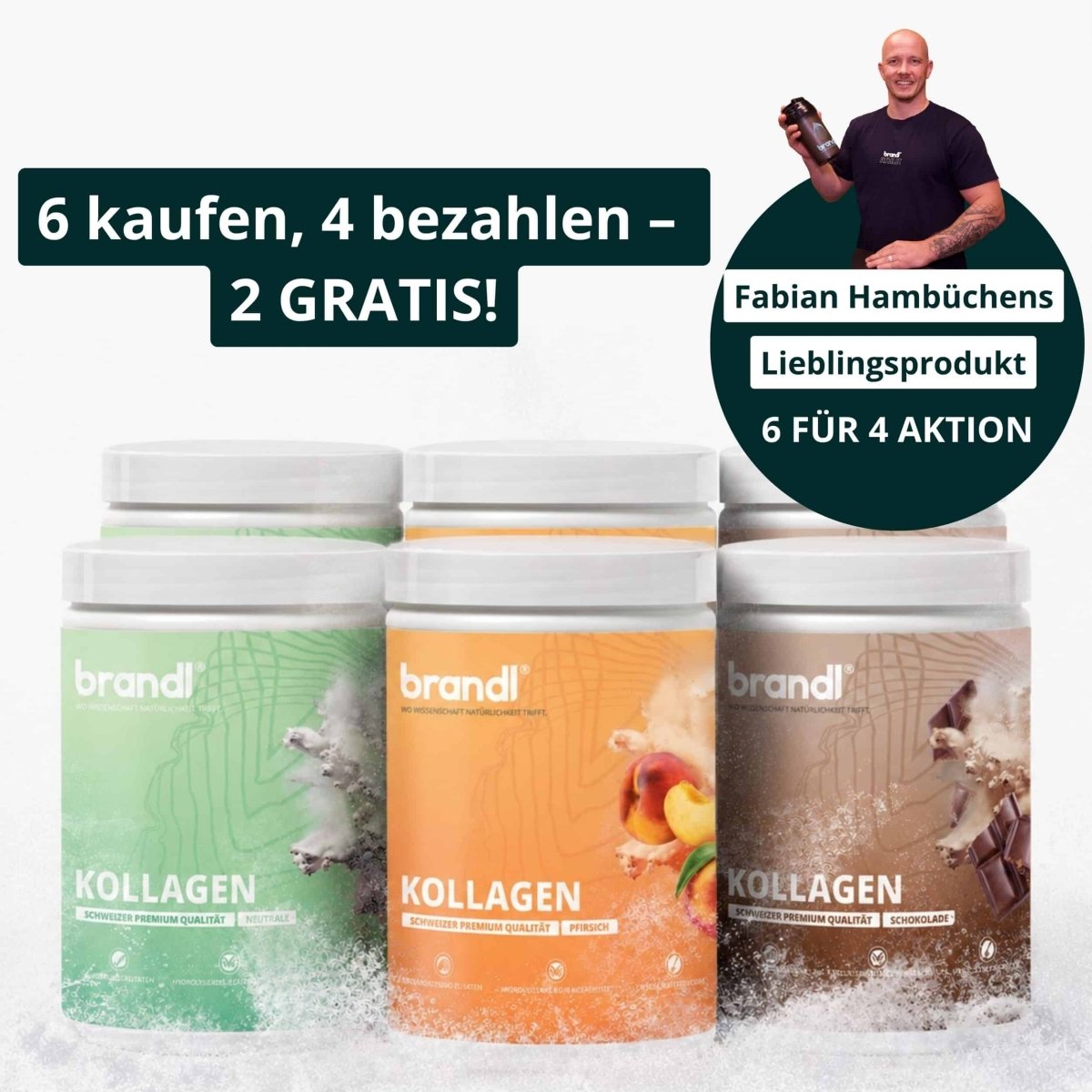 Drei zylindrische behälter brandl kollagen pulver mit weißen deckeln und bunten etiketten mint, frischfrucht, schokolade