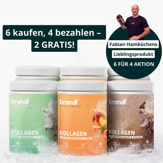 Drei zylindrische behälter brandl kollagen pulver mit weißen deckeln und bunten etiketten mint, frischfrucht, schokolade